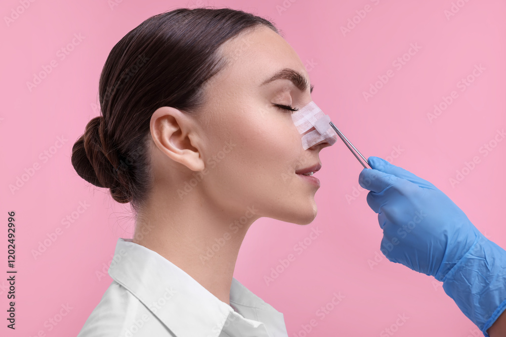 Doctor removing medical bandage from patient's nose after plastic surgery operation on pink background, closeup Doctor removing medical bandage from patient's nose after plastic surgery operation on pink background, closeup