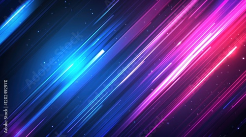 Abstract diagonal neon light streaks, blue and pink on dark background.