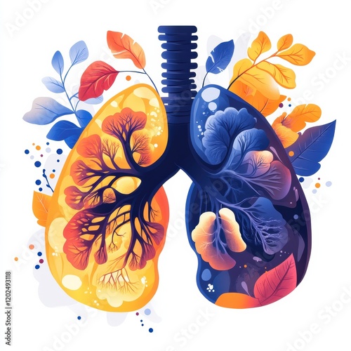 Colorful artistic representation of lungs surrounded by autumn leaves illustrating the concept of health and nature. Generative AI photo