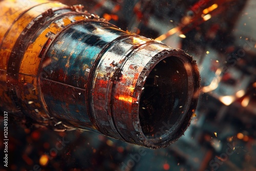 Fototapeta Naklejka Na Ścianę i Meble -  Rusty metallic tube, possibly part of a spacecraft or industrial machinery, showing signs of wear and heat damage.