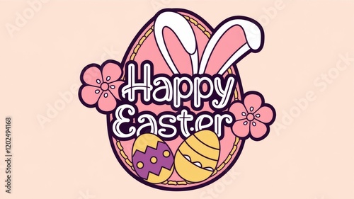 Easter Egg with Bunny Ears and Flowers