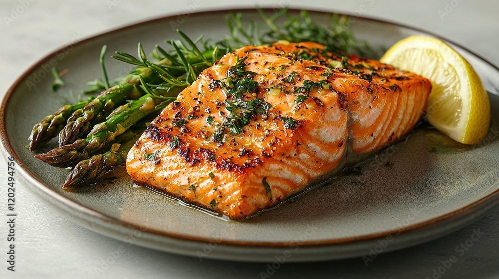 A plate of salmon and asparagus with a lemon wedge A plate of salmon and asparagus with a lemon wedge