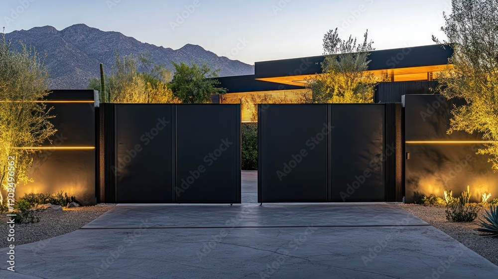 Fototapeta premium Flat-panel minimalist gate in a seamless black design, paired with subtle LED lighting for a modern touch