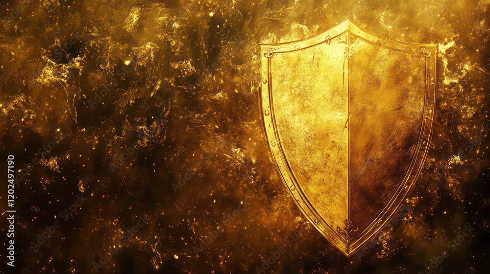 Fototapeta premium Glowing golden shield with fiery sparks, radiating power and protection.