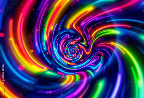 A vivid swirl of neon colors, creating a hypnotic vortex effect, with glowing edges and soft gradients, futuristic and vibrant