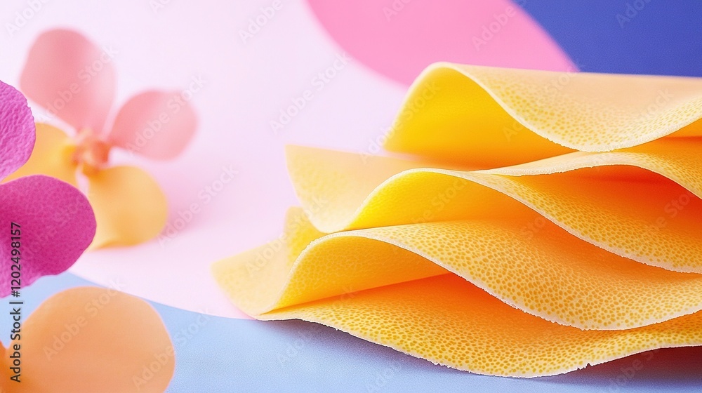 Fototapeta premium Cloth with flower on blue, pink, yellow background