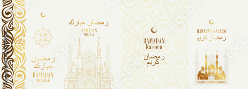 Elegant Ramadan Kareem card with golden mosque outlines, crescent moon, and intricate arabesque patterns, perfect for greetings or festive banners.