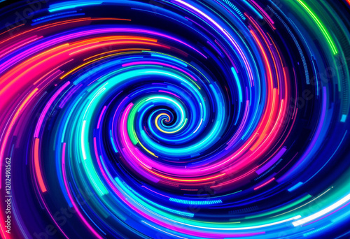 A vivid swirl of neon colors, creating a hypnotic vortex effect, with glowing edges and soft gradients, futuristic and vibrant