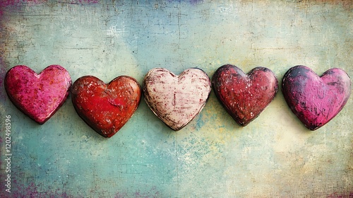 Four grunge hearts on a vintage background, perfect for a Valentinea??s Day design photo