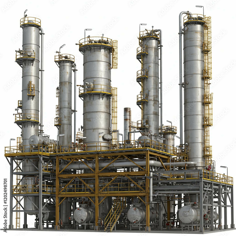 Chemistry of oil refinery plant design. AI generated image of an industrial object on a white background for advertising and presentation purposes. Chemistry of oil refinery plant design. AI generated image of an industrial object on a white background for advertising and presentation purposes.