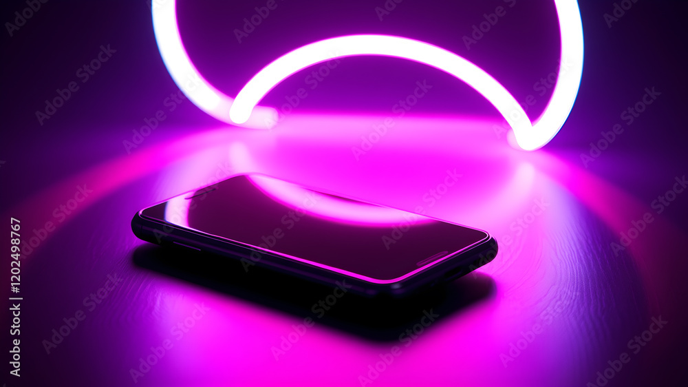 smartphone with futuristic neon light circle on dark background. Generative AI smartphone with futuristic neon light circle on dark background. Generative AI