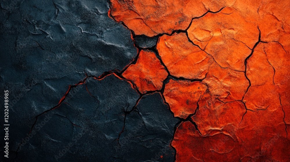 Fototapeta premium Cracked earth, fiery orange and dark blue tones, texture background, design element