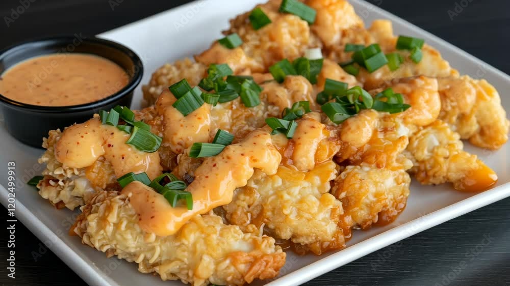 Fried chicken tenders topped with spicy sauce and green onions served on a white plate with dipping sauce Fried chicken tenders topped with spicy sauce and green onions served on a white plate with dipping sauce