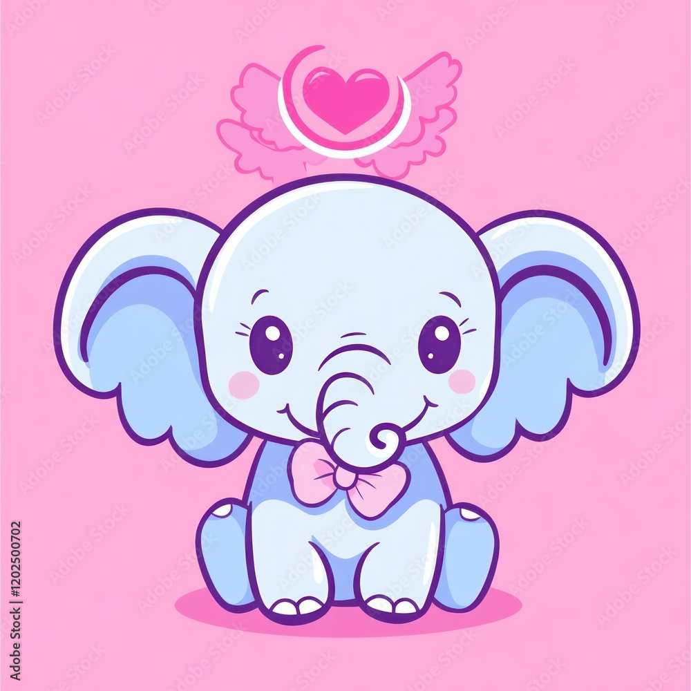 Elephant sits with wings and heart on pink background for baby products Elephant sits with wings and heart on pink background for baby products