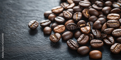 A close-up of roasted coffee beans scattered on a dark black textured surface, emphasizing rich tones and the aroma of freshly brewed coffee. photo