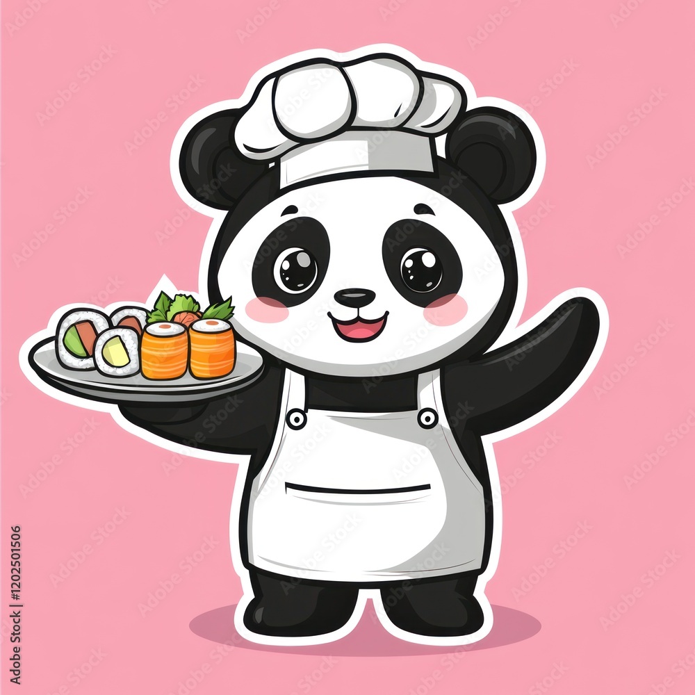 Panda chef with sushi serving on plate. Illustration on solid background for menu Panda chef with sushi serving on plate. Illustration on solid background for menu