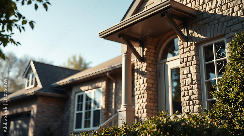 Luxury House Exterior: Brick and Stone Architecture, Residential Property, Real Estate Luxury House Exterior: Brick and Stone Architecture, Residential Property, Real Estate