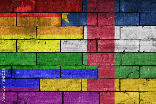 colourful painted big flag of central african republic and rainbow gay pride flag on a massive old brick wall background. concept photo