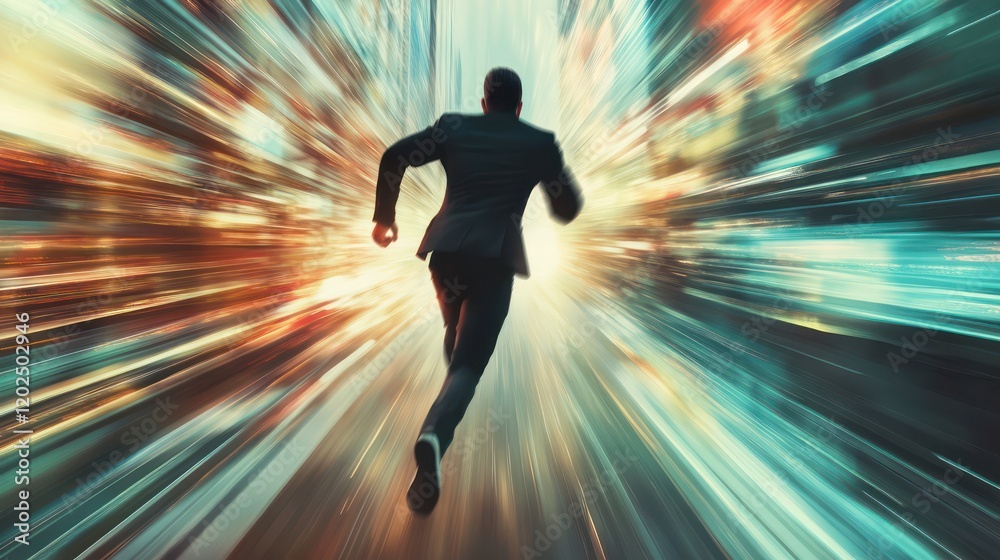 Chasing the Future: A businessman bursts forward into a dynamic, abstract city-scape of streaking light, representing rapid progress and a drive for success. Chasing the Future: A businessman bursts forward into a dynamic, abstract city-scape of streaking light, representing rapid progress and a drive for success.