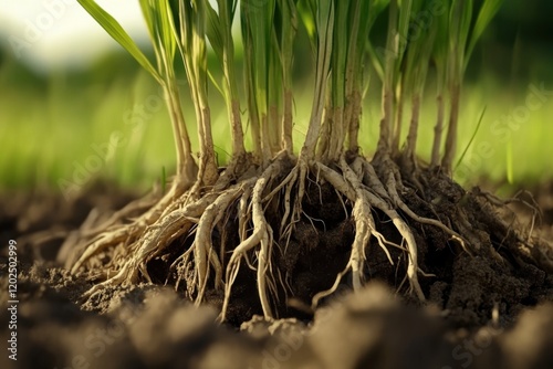 Rice plant roots in soil. Featuring the roots of a rice plant in soil. Highlighting agricultural practices and plant growth. Ideal for educational and agricultural visuals. photo