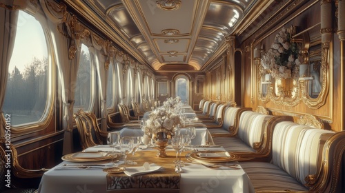A lavish interior of a dining car with golden decorations, plush seating, and elegant table settings, evoking nostalgia and sophistication of luxurious train travel.