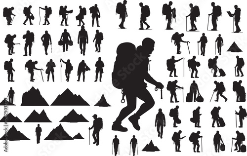 Human Climbers Silhouette Collection, Black Vector Icons of Adventurers and Explorers Scaling Heights