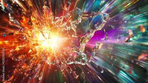 Vivid explosion of a crystal structure with dynamic energy dispersing brightly colored shards in all directions, creating a vibrant, energetic visual spectacle.