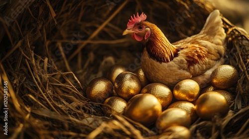 A brown hen sits calmly on a nest filled with several golden eggs, suggesting themes of prosperity and potential wealth in a rustic environment. photo