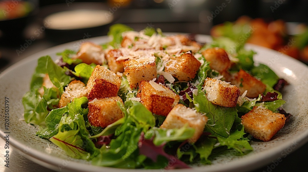 A white plate holds a salad with croutons and parmesan cheese on a black tablecloth A white plate holds a salad with croutons and parmesan cheese on a black tablecloth