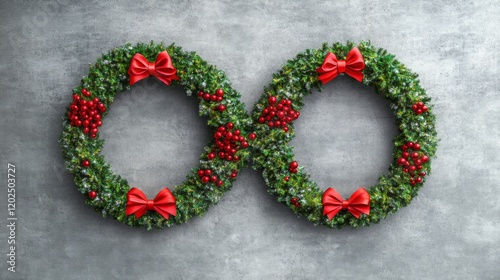 Infinity-shaped Christmas wreaths featuring vibrant red bows and berries are arranged to symbolize unity and eternity, welcoming a joyful festive season. photo