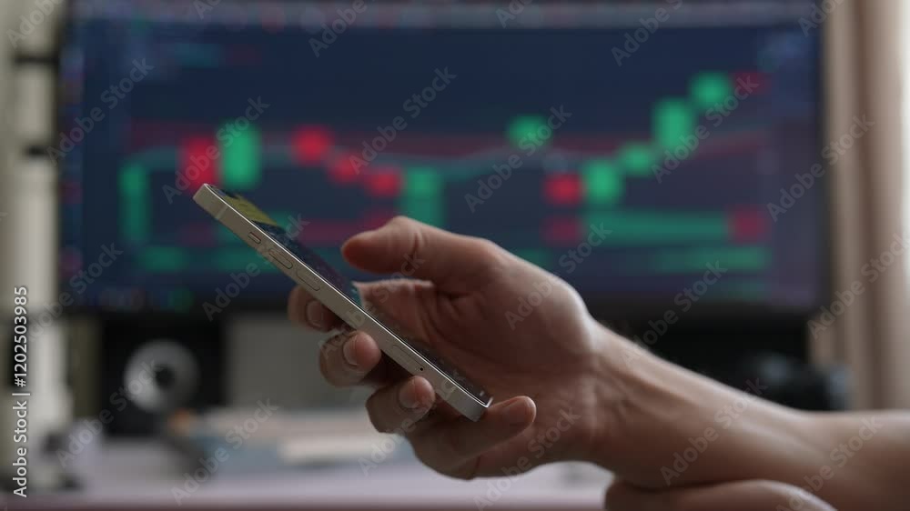 Side view of successful trader holding smartphone with trading app, while computer screen displays stock market charts, reflecting active market monitoring, closeup, unrecognizable person, slow motion