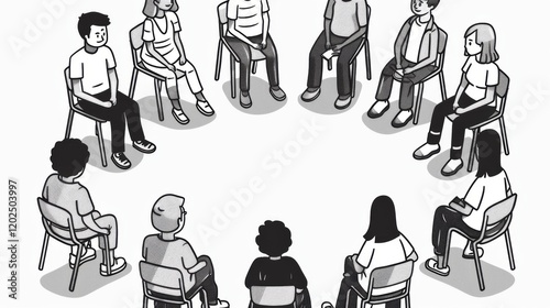 A black-and-white illustration of diverse individuals sitting in a circle, depicting a group therapy session focused on connection, support, and shared experience.