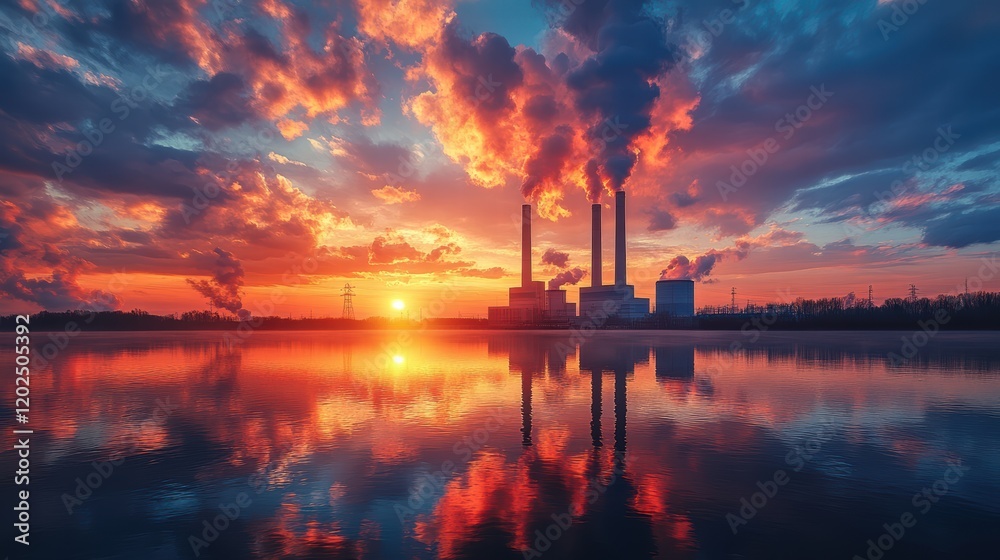 Fototapeta premium Industrial power plant at sunset with smoke stacks releasing pollution into the atmosphere