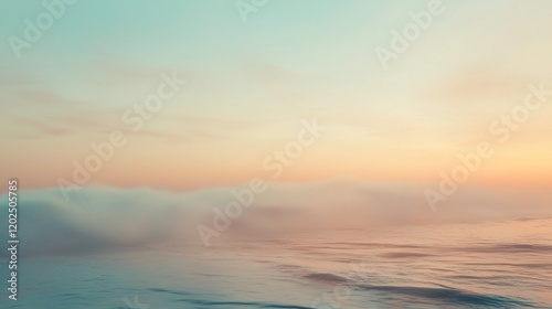 A serene image of a misty ocean with a soft blend of orange and blue hues creating a peaceful and calming atmosphere