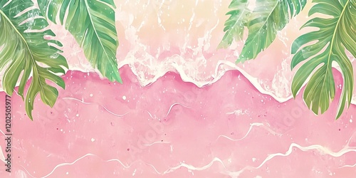 Pink Beach Summer Tropical Leaves Watercolor Illustration