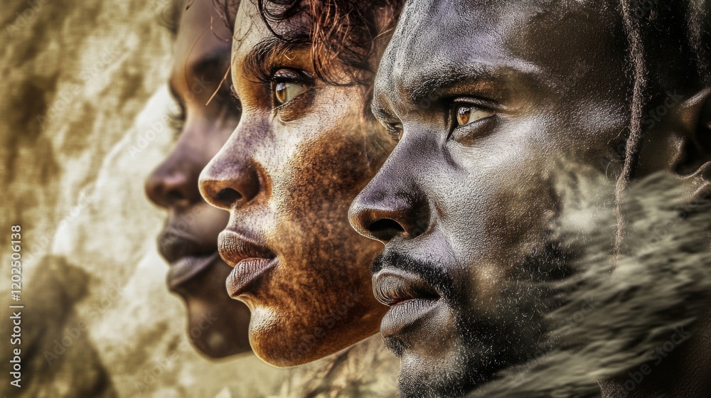 This artistic image captures the textured profiles of individuals, each with a soulful and expressive gaze, conveying depth of character and raw emotions artistically. This artistic image captures the textured profiles of individuals, each with a soulful and expressive gaze, conveying depth of character and raw emotions artistically.