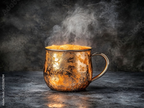 Steaming Hot Drink in Antique Copper Mug on Dark Background photo