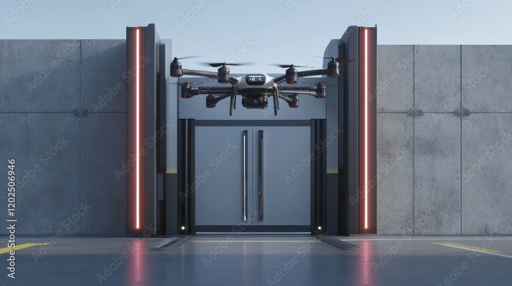 Fototapeta premium Gate with a levitating door panel system and integrated drone surveillance technology