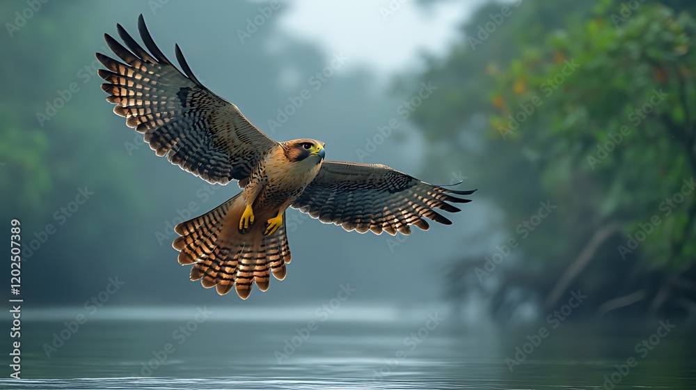 Fototapeta premium Falcon soaring over misty river, jungle background