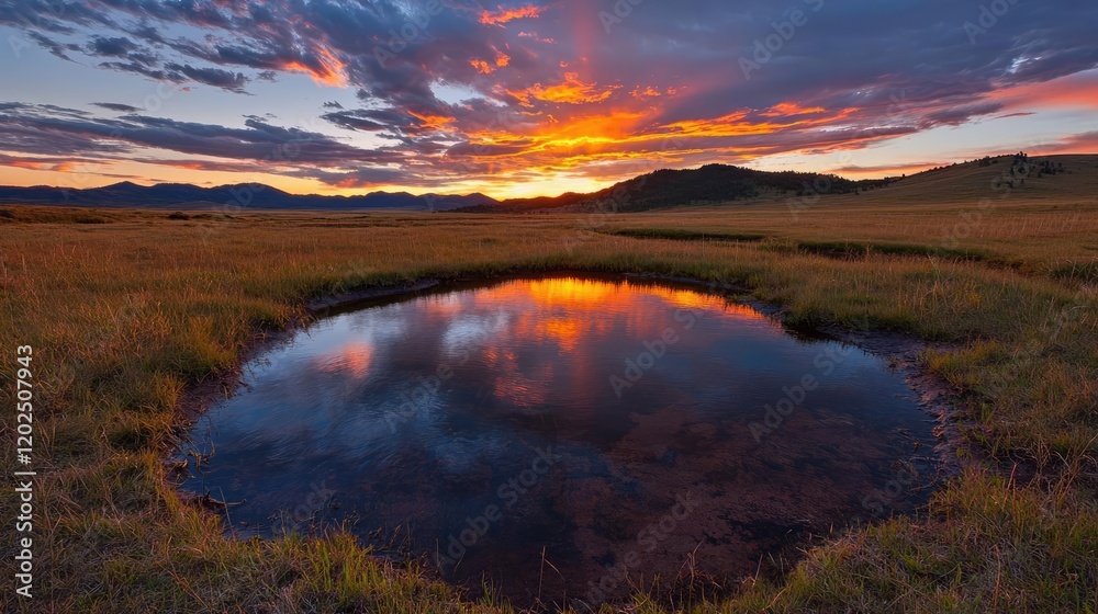 Sunset over grassland reflecting in a puddle Sunset over grassland reflecting in a puddle