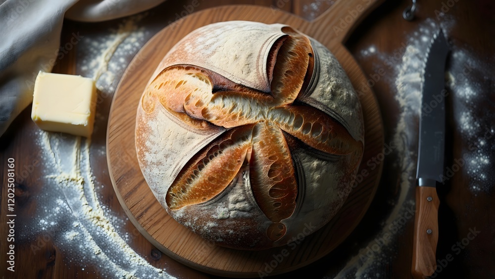 Rustic Artisan Sourdough Bread with Butter on Wooden Board in Natural Light