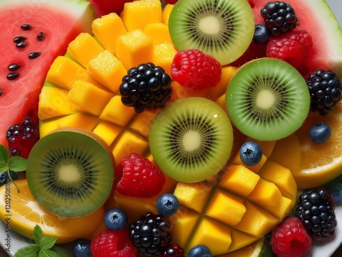 Fresh Tropical Fruit Platter with Mango, Kiwi, Berries and Watermelon photo