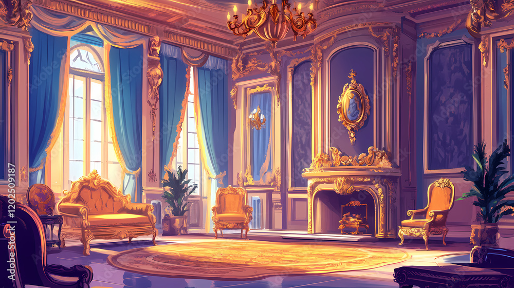 Opulent and enchanting aristocratic interior with ornate furnishings and decor. Ornate Palace Interior. Illustration Opulent and enchanting aristocratic interior with ornate furnishings and decor. Ornate Palace Interior. Illustration
