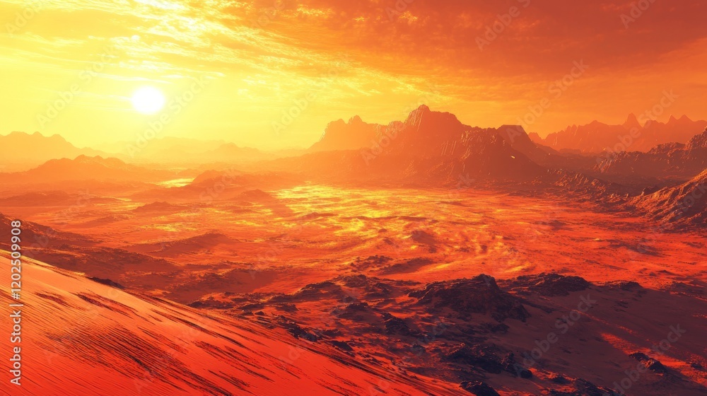 Naklejka premium Martian Landscape with Warm Glow and Mountains under Dramatic Sky in the Distance