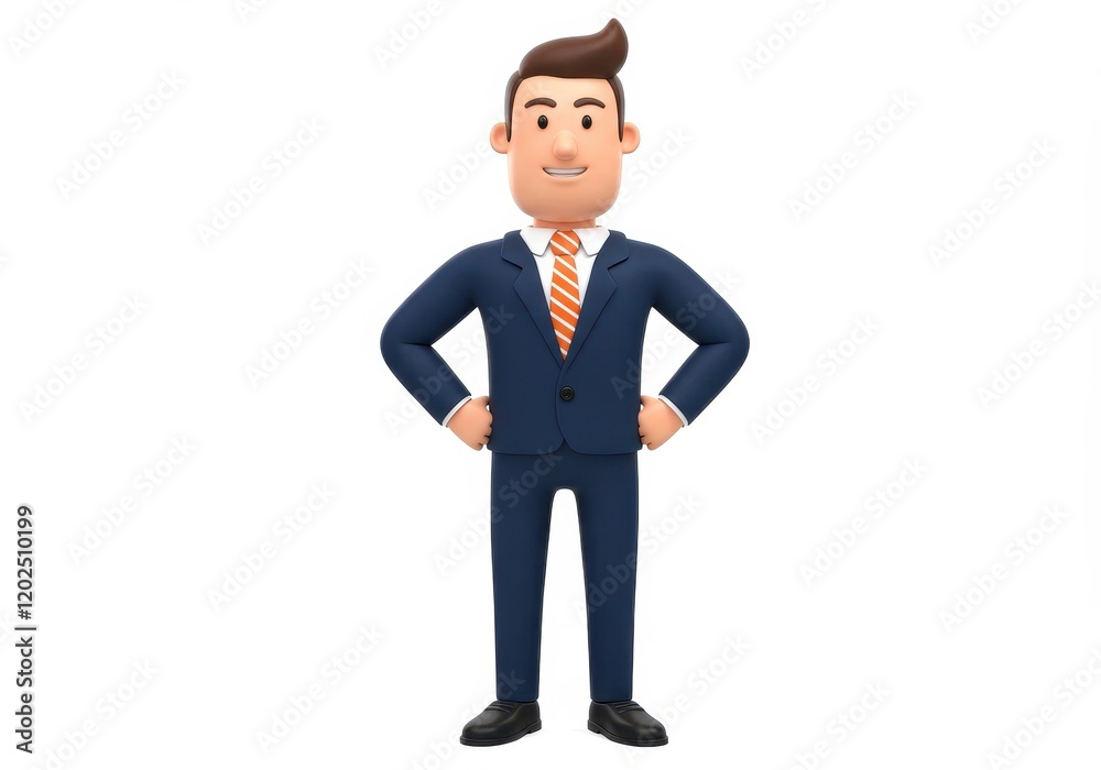 A 3D businessman wearing a navy blue suit white shirt and orange striped tie A 3D businessman wearing a navy blue suit white shirt and orange striped tie