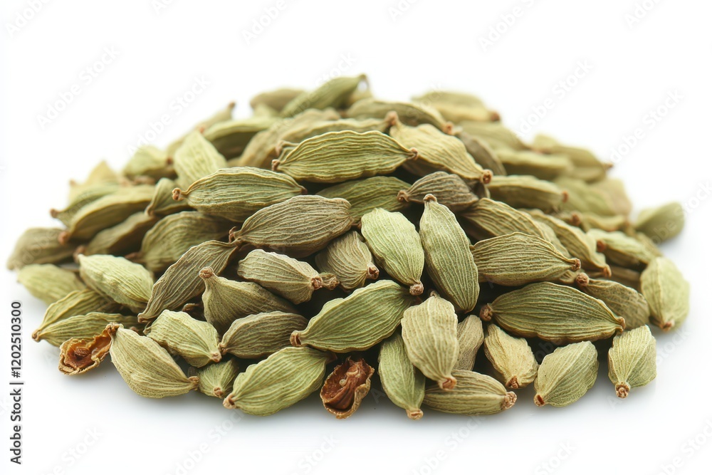 Cardamom arranged in a smooth circle, showcasing its pale greenish-brown hues and finely textured surface for culinary use. Cardamom arranged in a smooth circle, showcasing its pale greenish-brown hues and finely textured surface for culinary use.