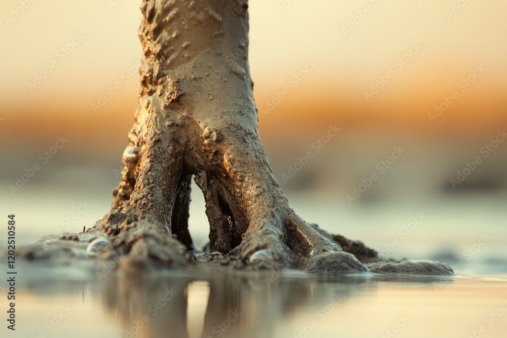 Muddy tree base submerged in shallow water at sunset, showcasing intricate root structure. Muddy tree base submerged in shallow water at sunset, showcasing intricate root structure.