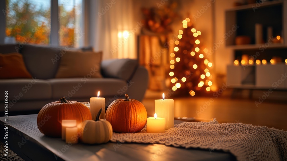 Cozy Fall Evening: Warm candlelight illuminates a rustic coffee table adorned with pumpkins and candles, creating a serene and inviting ambiance for a cozy fall evening. Cozy Fall Evening: Warm candlelight illuminates a rustic coffee table adorned with pumpkins and candles, creating a serene and inviting ambiance for a cozy fall evening.