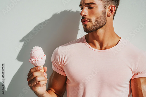 Waiting for the summer concept. Fashion portrait of young bodybuilder with great fit body, eating pink melting ice cream on white wall background. Street style shot. Banner