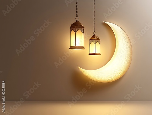 Illuminated Crescent Moon with Hanging Lanterns